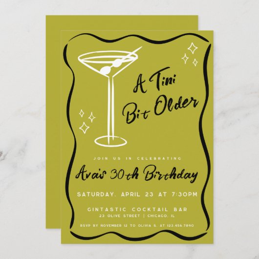 Invitation Olive Whimsical Tini Bit Martini Anniversaire (Devant / Derrière)