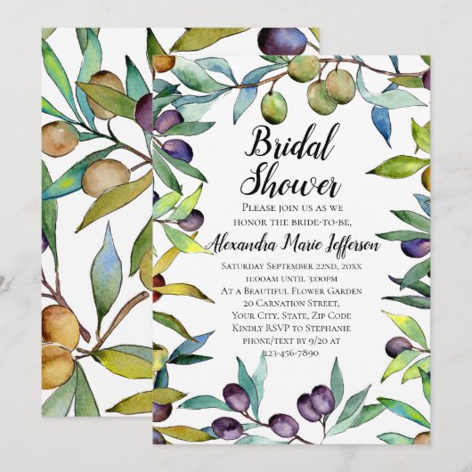 Invitation Olives savoureuses Fête des mariées d'aquarelle to (Devant / Derrière)