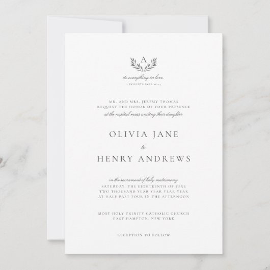 Invitation Olivia Classic Grey Monogram Mariage catholique (Devant)