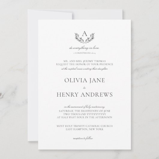 Invitation Olivia Elegant Grey Monogram Mariage catholique (Devant)