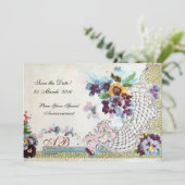 Invitation OMANTICA Floral Bleu Rose Blanc Monogramme de Mari (Debout devant)