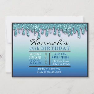 Invitation Ombre Aqua Sparkle Drippy 50e fête d'anniversaire