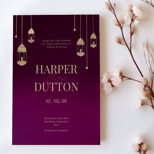 Invitation Ombre burgundy and gold lantern lights wedding
