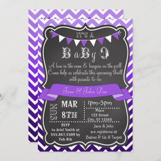 Invitation Ombre Chevron Chalkboard BabyQ violet (Devant / Derrière)