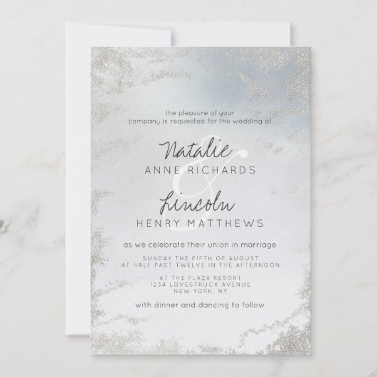 Invitation Ombre Dusty Blue Frosted Silver Mariage moderne (Devant)