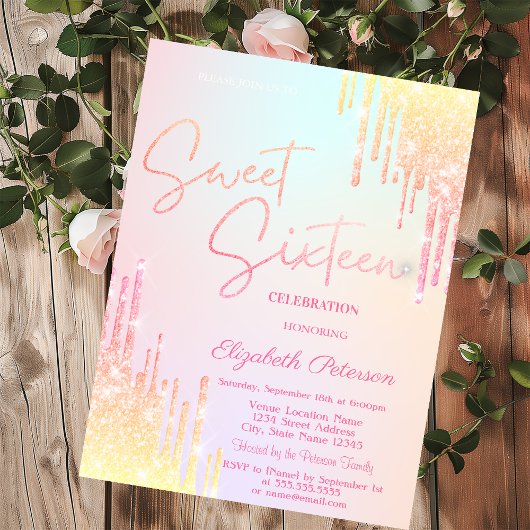 Invitation  Ombre Glitter Drips Colorful Sweet 16  