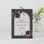 Invitation Ombre Gris Fleurs Roses Rouges de Bordeaux Anniver (Debout devant)