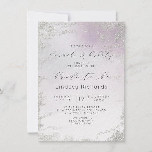 Invitation Ombre Lumière Purple Argent Brunch & Douche Bubbly (Devant)