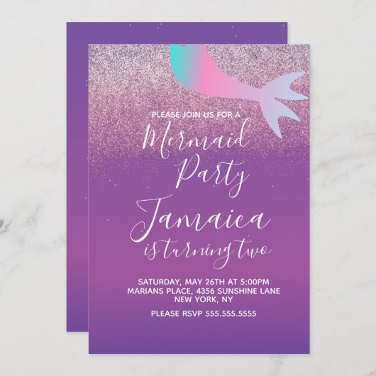 Invitation Ombré Mermaid Faux Parties scintillant fête d'anni (Devant / Derrière)