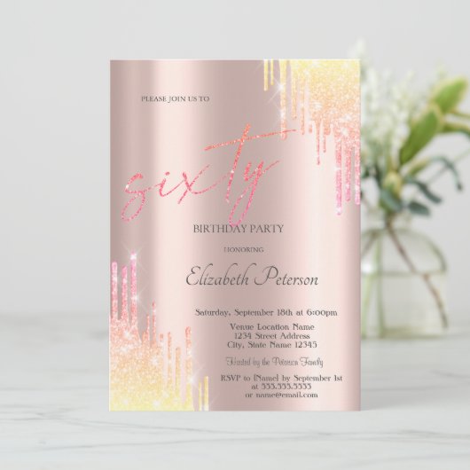 Invitation Ombre Parties scintillant Drips Rose Gold 60e anni (Debout devant)