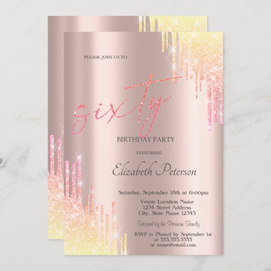 Invitation Ombre Parties scintillant Drips Rose Gold 60e anni (Devant / Derrière)