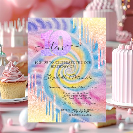 Invitation Ombre Parties scintillant Drips Tie Dye 10e annive
