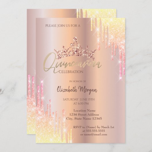 Invitation Ombre Parties scintillant Drop Tiara Rose Gold Qui (Devant / Derrière)