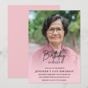 Invitation Ombre Rose Élégante Photo Dîner 91e anniversaire