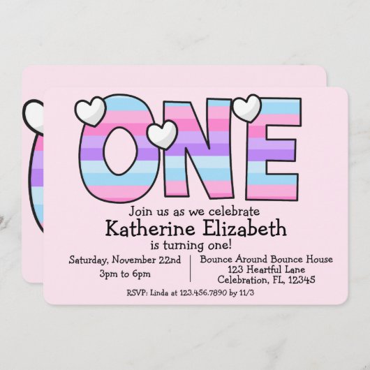 Invitation Ombre rose minimaliste Premier anniversaire (Devant / Derrière)