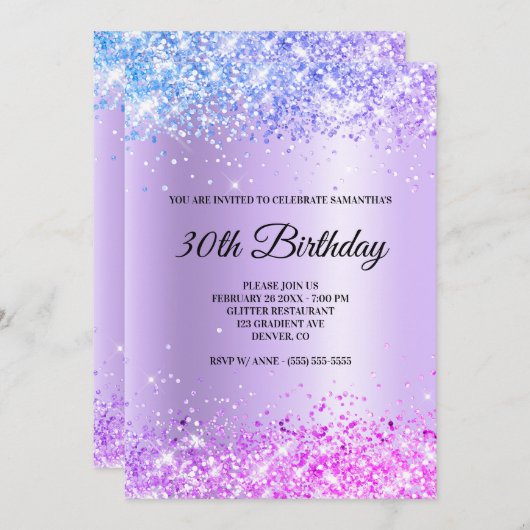 Invitation Ombre rose violet bleu Parties scintillant brillan (Devant / Derrière)