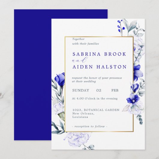 Invitation Ombre Royal Blue Ivory Floral Mariage (Devant / Derrière)