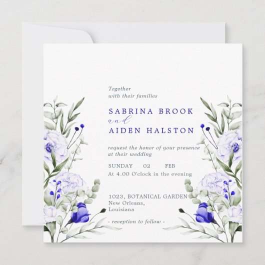 Invitation Ombre Royal Blue Ivory Floral Mariage (Devant)