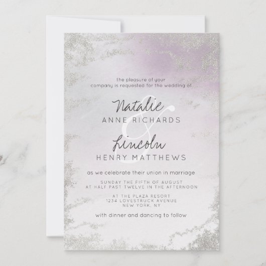 Invitation Ombre Violet Clair Argent Pailleté Mariage Givré (Devant)