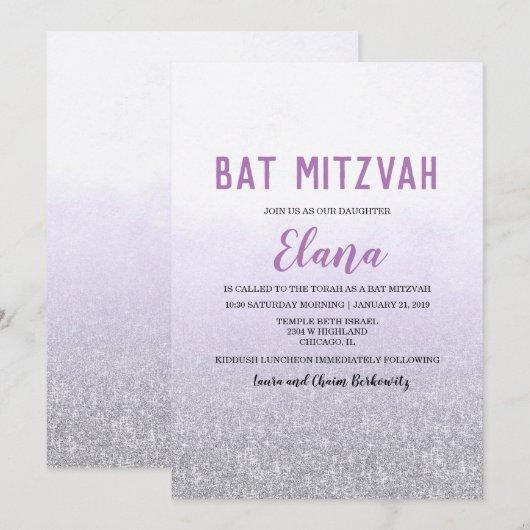 Invitation ombrée lavande pour Bat Mitzvah (Devant / Derrière)