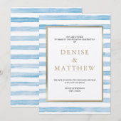 Invitation Omphalodes Aquarelle Bleue Rayure & Lettre Dorée (Devant / Derrière)