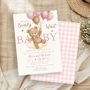Invitation On attend à peine ours en ballon rose fille baby s