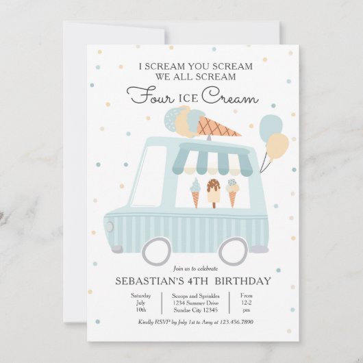 Invitation On hurle tous Four Ice Cream 4th Birthday Party (Devant)