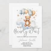 Invitation On peut attendre avant le Baby shower de l'ours bl (Devant / Derrière)