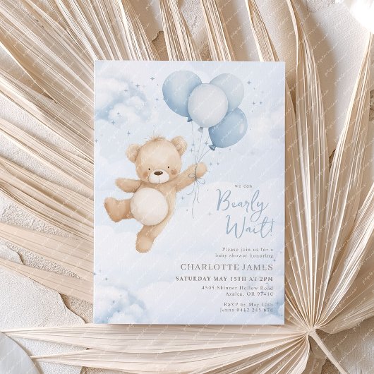 Invitation On peut attendre ! Baby shower Bear Blue Balloon