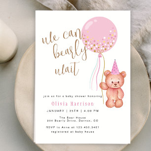 Invitation On Peut Attendre   Baby shower de ballon rose ours
