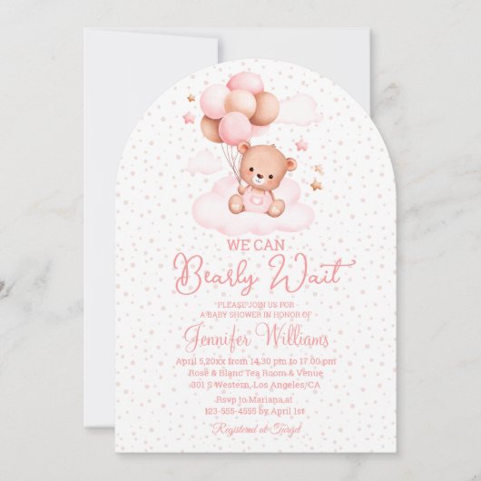 Invitation on peut attendre, baby shower fille arche rose (Devant)