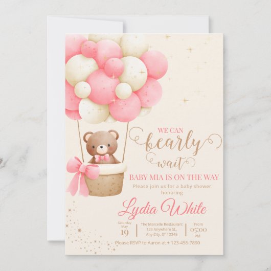 Invitation On Peut Attendre Baby shower Fille Teddy Ours (Devant)