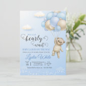Invitation On Peut Attendre Baby shower Garçon Teddy Ours (Debout devant)