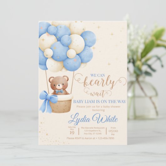 Invitation On Peut Attendre Baby shower Garçon Teddy Ours (Debout devant)
