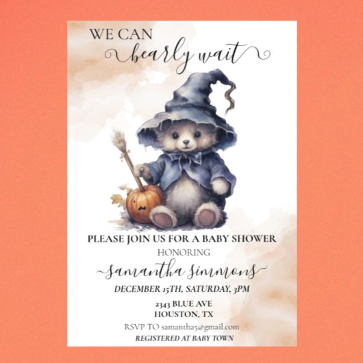 Invitation On peut attendre Baby shower Halloween Teddy