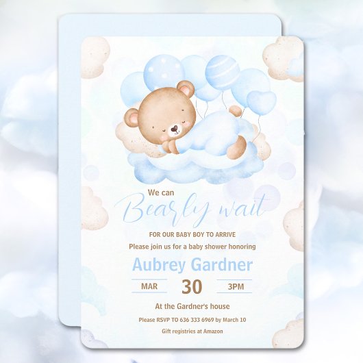 Invitation On Peut Attendre Bearly Boy Blue Cute Bear Baby sh