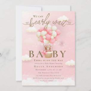 Invitation On peut attendre bébé fille Teddy ours rose bébé