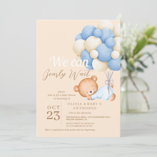 Invitation On peut attendre bébé garçon douche (Debout devant)