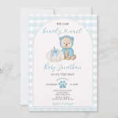 Invitation On peut attendre blanc bleu En vichy Baby shower (Devant)