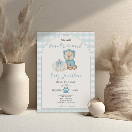Invitation On peut attendre blanc bleu En vichy Baby shower