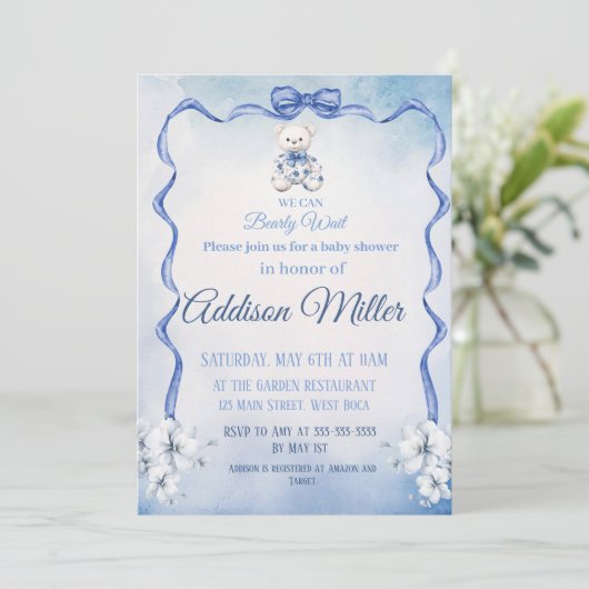 Invitation On peut attendre, Bleu&Blanc Élégant Baby shower (Debout devant)