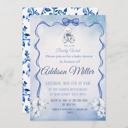 Invitation On peut attendre, Bleu&Blanc Élégant Baby shower (Devant / Derrière)