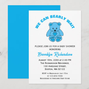 Invitation On peut attendre bleu Teddy Bear Baby shower