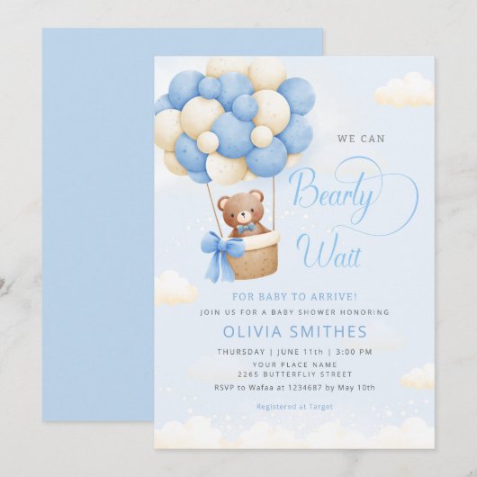 Invitation On peut attendre bleu Teddy Bear Baby shower garço (Devant / Derrière)