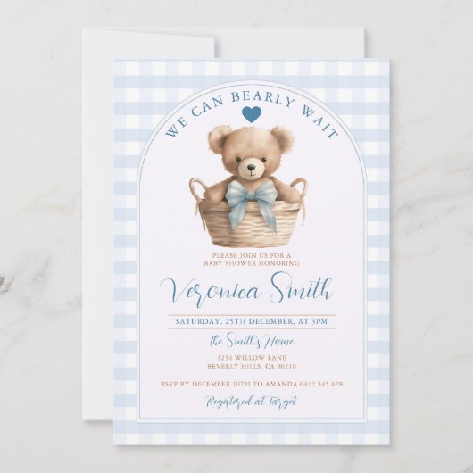 Invitation On peut attendre Blue En vichy Bear Baby shower (Devant)