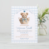 Invitation On peut attendre Blue En vichy Bear Baby shower (Debout devant)