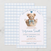 Invitation On peut attendre Blue En vichy Bear Baby shower (Devant / Derrière)