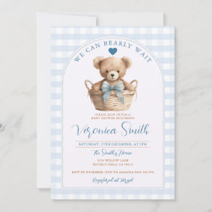 Invitation On peut attendre Blue En vichy Bear Baby shower