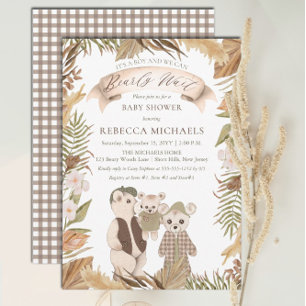 Invitation On peut attendre Boho Bear Baby shower de famille