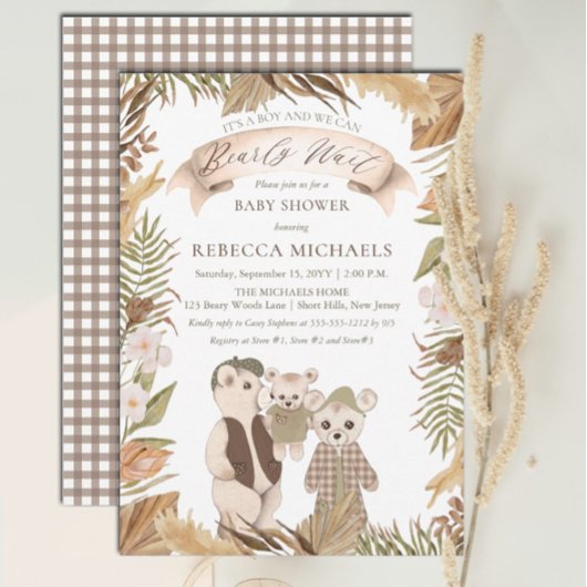Invitation On peut attendre Boho Bear Baby shower de famille